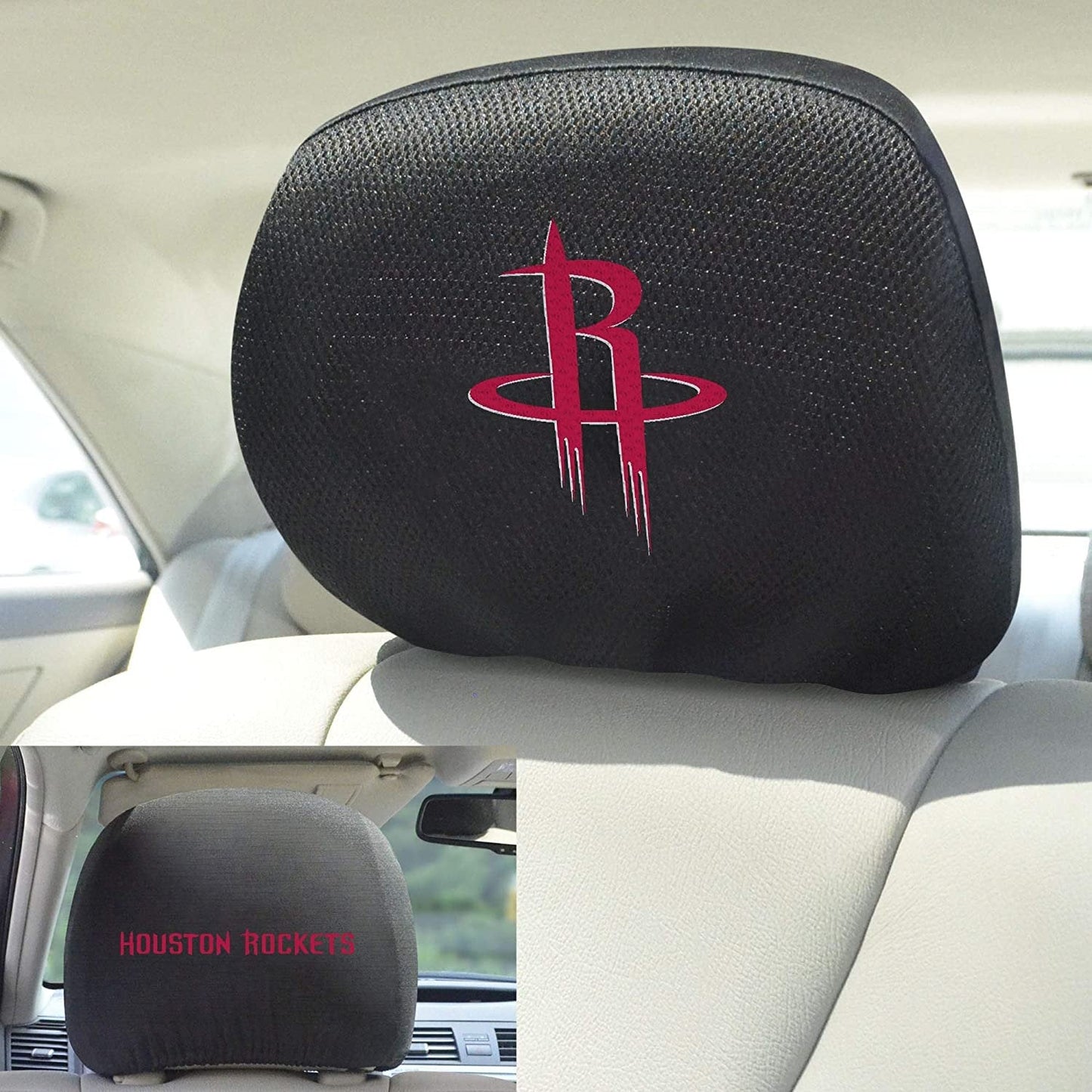 Houston Rockets Pair of Premium Auto Head Rest Covers, Embroidered, Black Elastic, 14x10 Inch by Fielders Choice