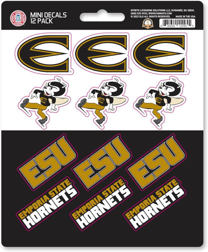 Emporia State University Hornets 12-Piece Mini Decal Sticker Set, 5x6 Inch Sheet, Gift for football fans for any hard surfaces around home, automotive, personal items by Fielders Choice