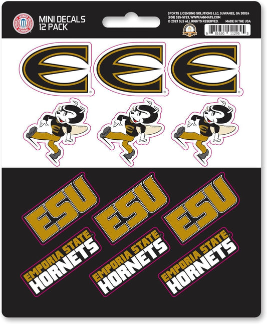 Emporia State University Hornets 12-Piece Mini Decal Sticker Set, 5x6 Inch Sheet, Gift for football fans for any hard surfaces around home, automotive, personal items by Fielders Choice