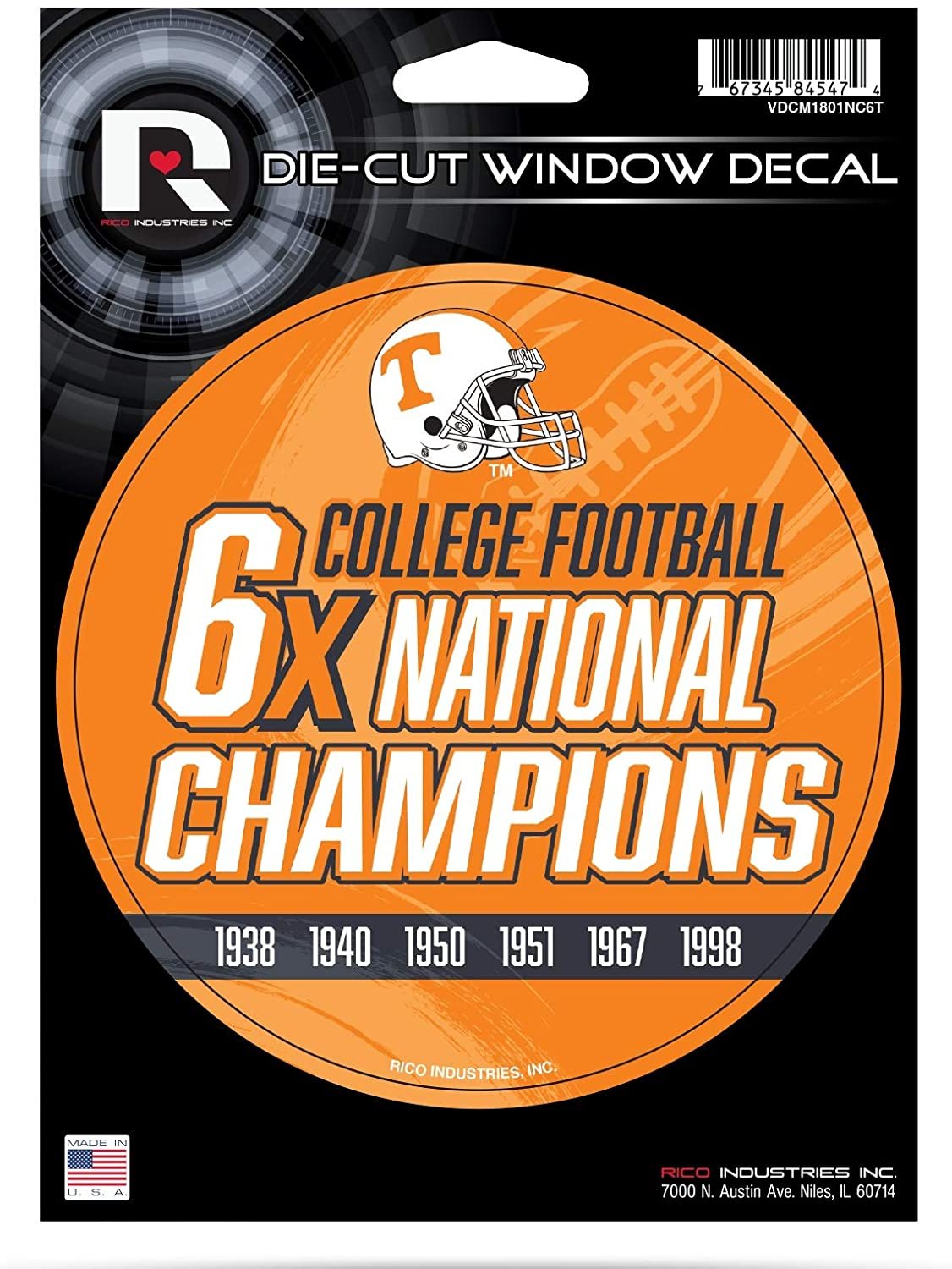 Tennessee Volunteers 5" Decal Sticker 6X Time Champions Flat Vinyl Auto Emblem College Football University of by Fielders Choice