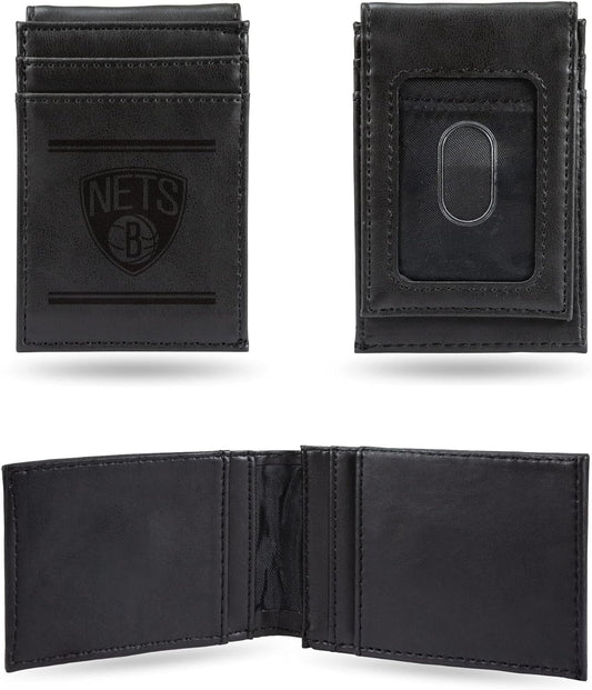 Brooklyn Nets Premium Black Leather Wallet, Front Pocket Magnetic Money Clip, Laser Engraved, Vegan by Fielders Choice