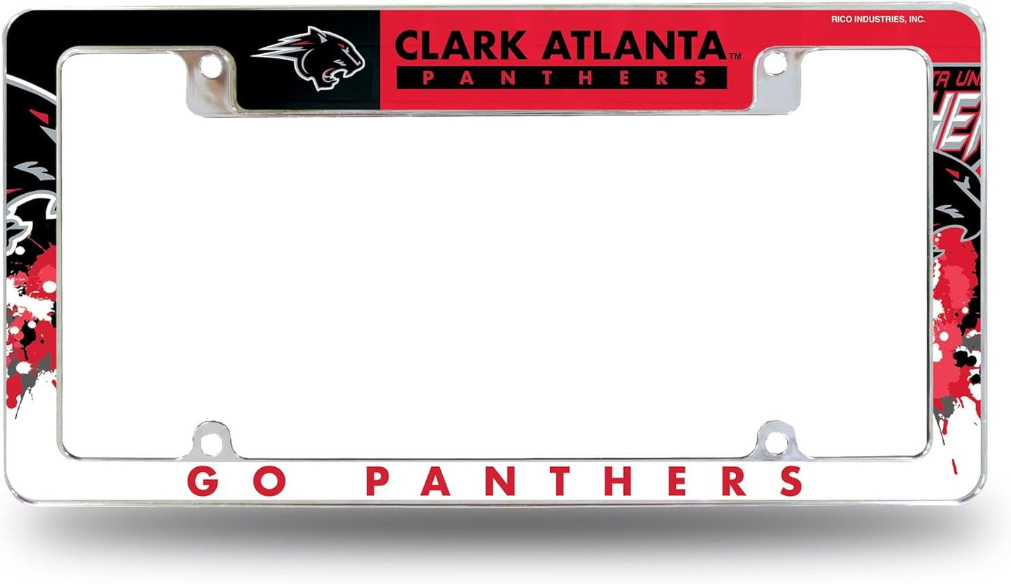 Clark Atlanta University Panthers Metal License Plate Frame Tag Cover, All Over Design, EZ View, Heavy Duty, 12x6 Inch by Fielders Choice