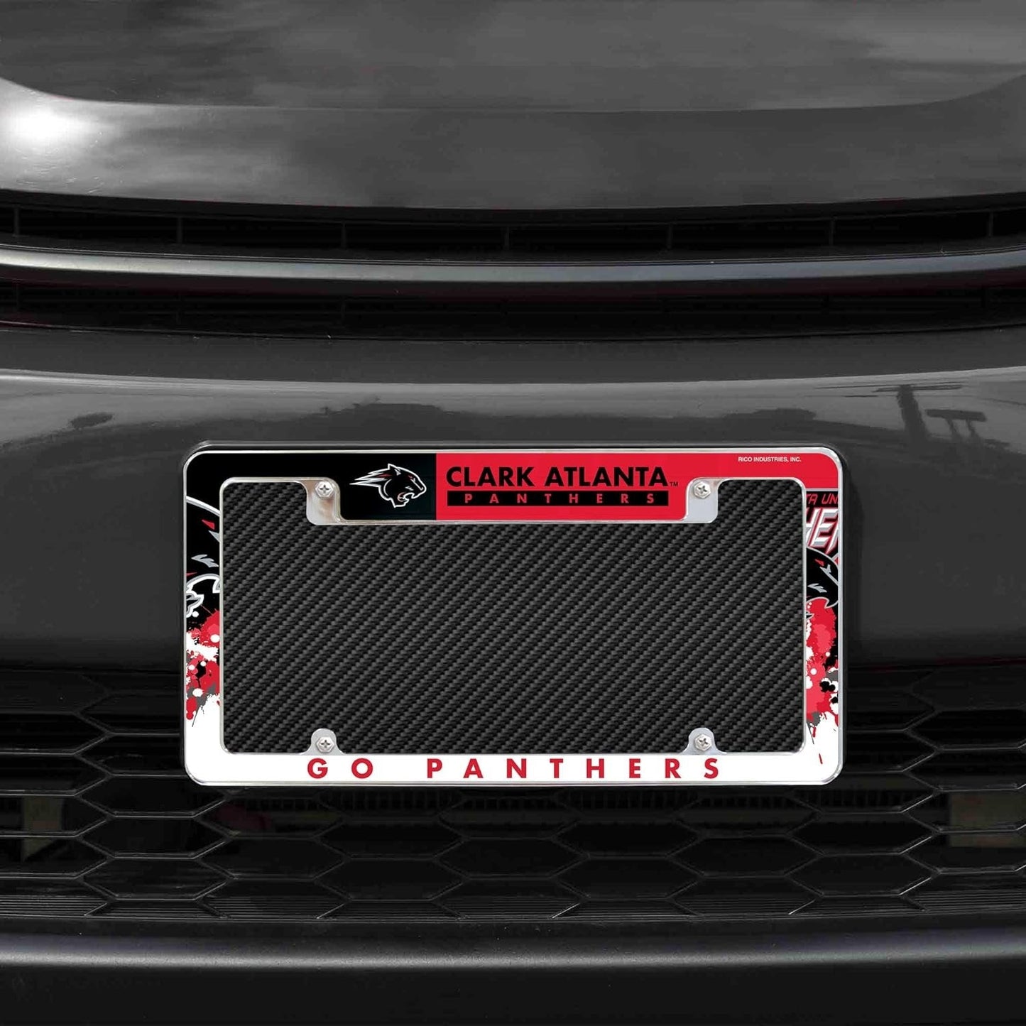 Clark Atlanta University Panthers Metal License Plate Frame Tag Cover, All Over Design, EZ View, Heavy Duty, 12x6 Inch by Fielders Choice