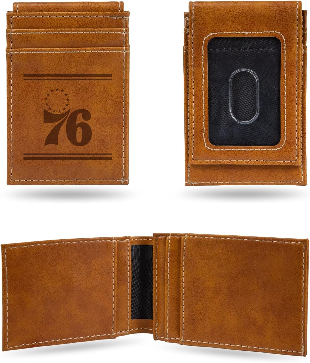 Rico Industries NBA Philadelphia 76ers Premium Laser Engraved Vegan Brown Leather Front Pocket Wallet - Compact and Slim yet Sturdy Design - Perfect to Show Your Team Pride or Gift by Fielders Choice