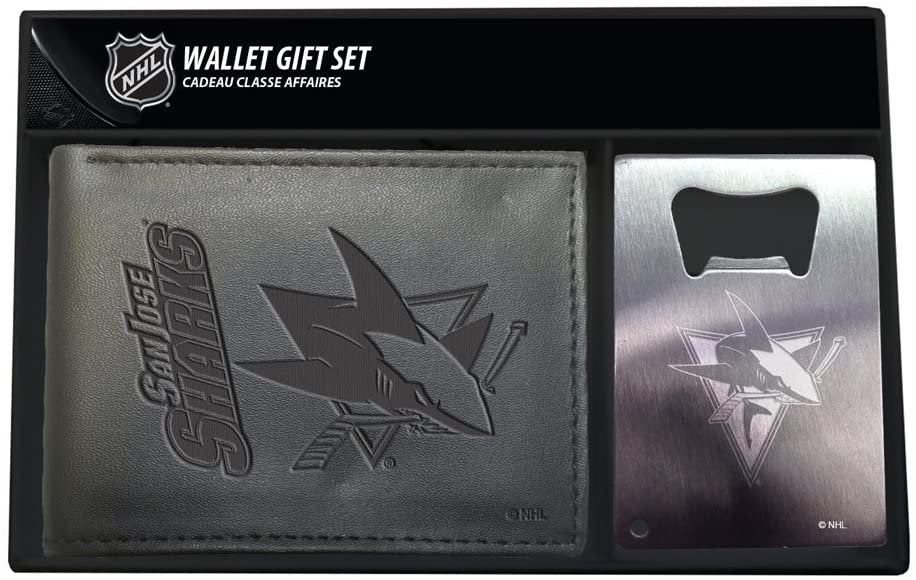 San Jose Sharks Black Leather Bifold Wallet and Bottle Opener Keychain Gift Set by Fielders Choice