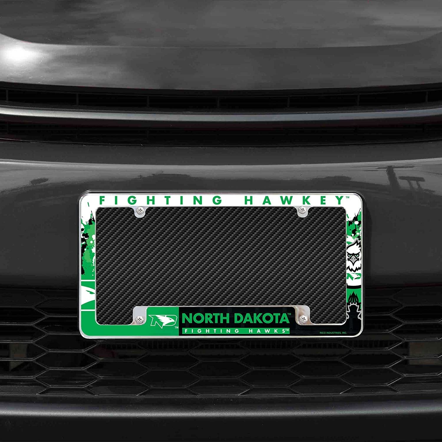 University of North Dakota Fighting Hawks Metal License Plate Frame Tag Cover All Over Design 12x6 Inch by Fielders Choice