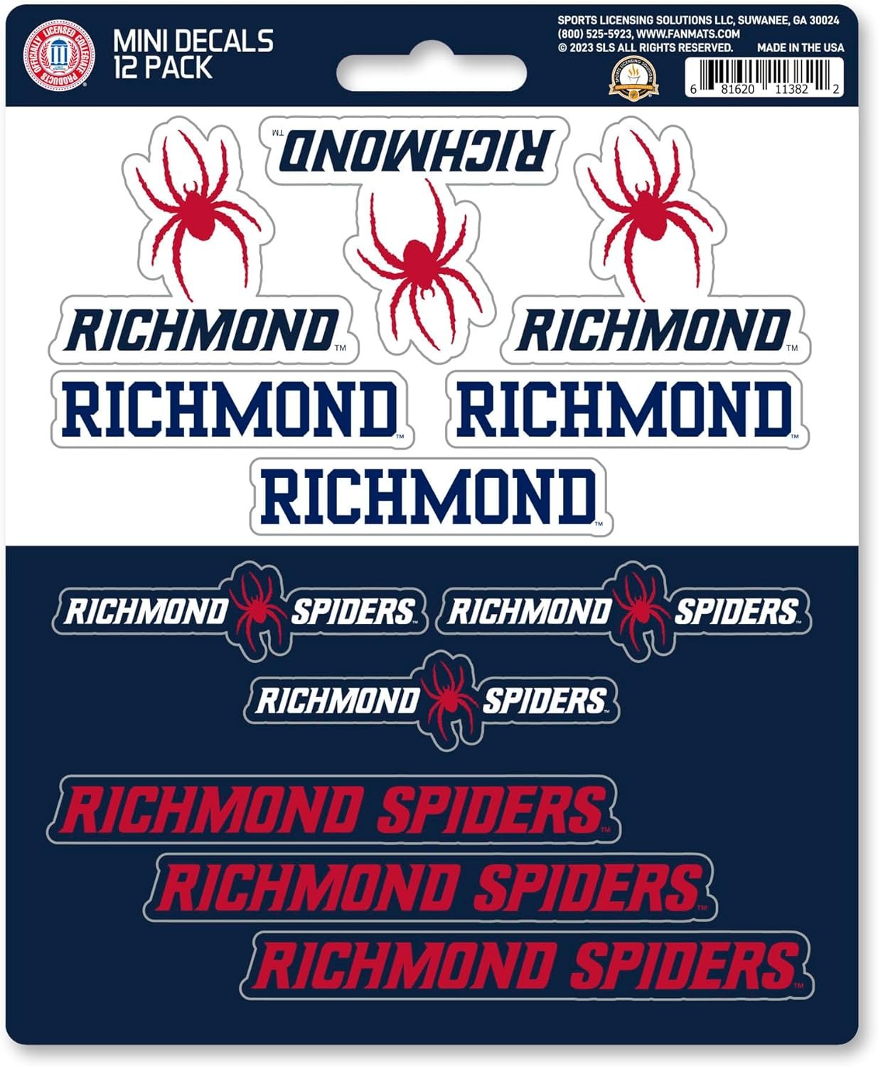 University of Richmond Spiders 12-Piece Mini Decal Sticker Set, 5x6 Inch Sheet, Gift for football fans for any hard surfaces around home, automotive, personal items by Fielders Choice