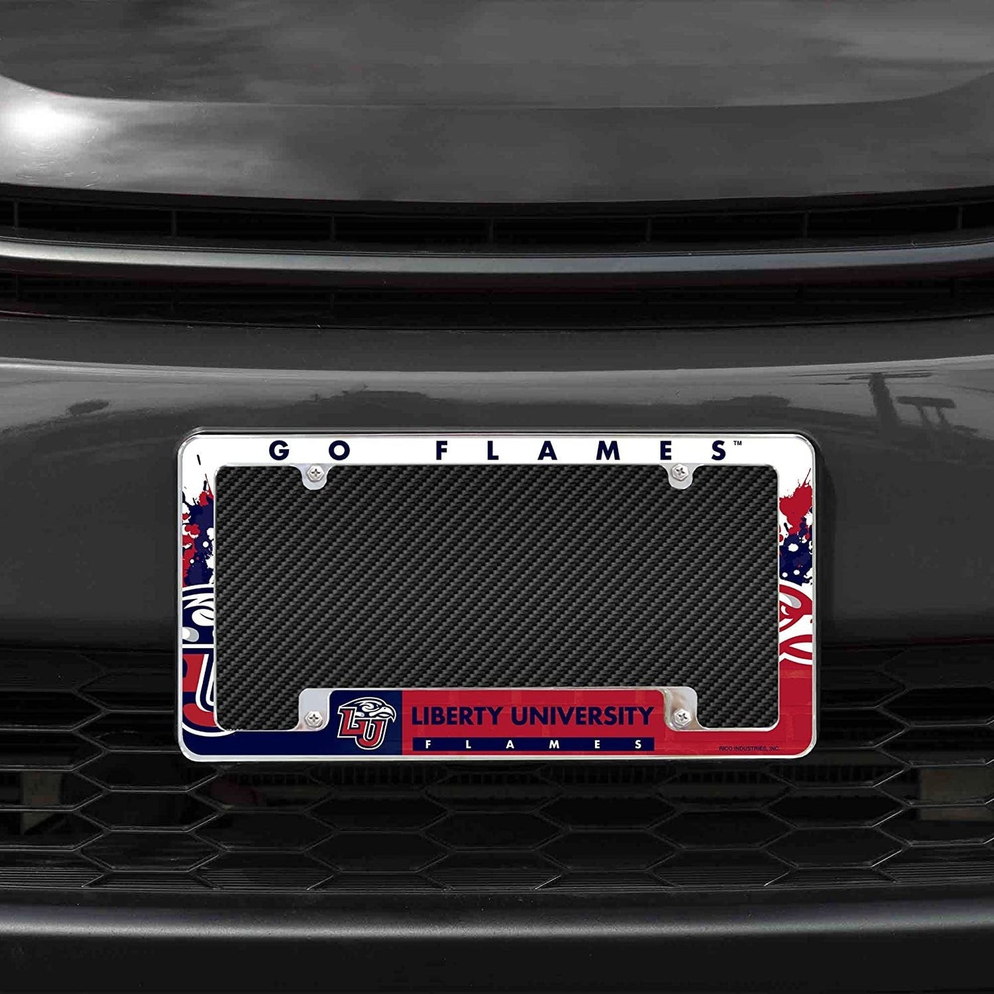 Liberty University Flames Metal License Plate Frame Chrome Tag Cover All Over Design 6x12 Inch by Fielders Choice