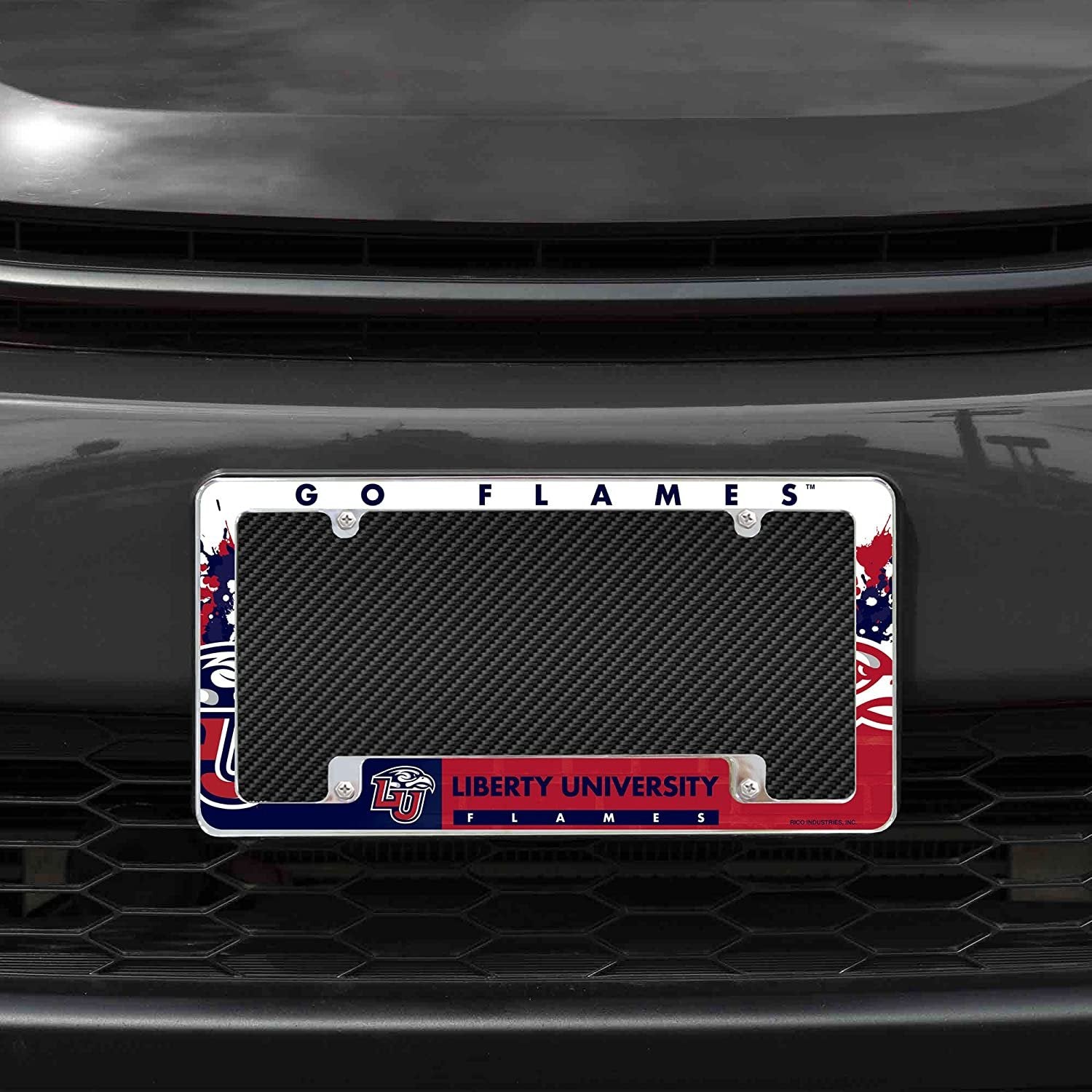 Liberty University Flames Metal License Plate Frame Chrome Tag Cover All Over Design 6x12 Inch by Fielders Choice