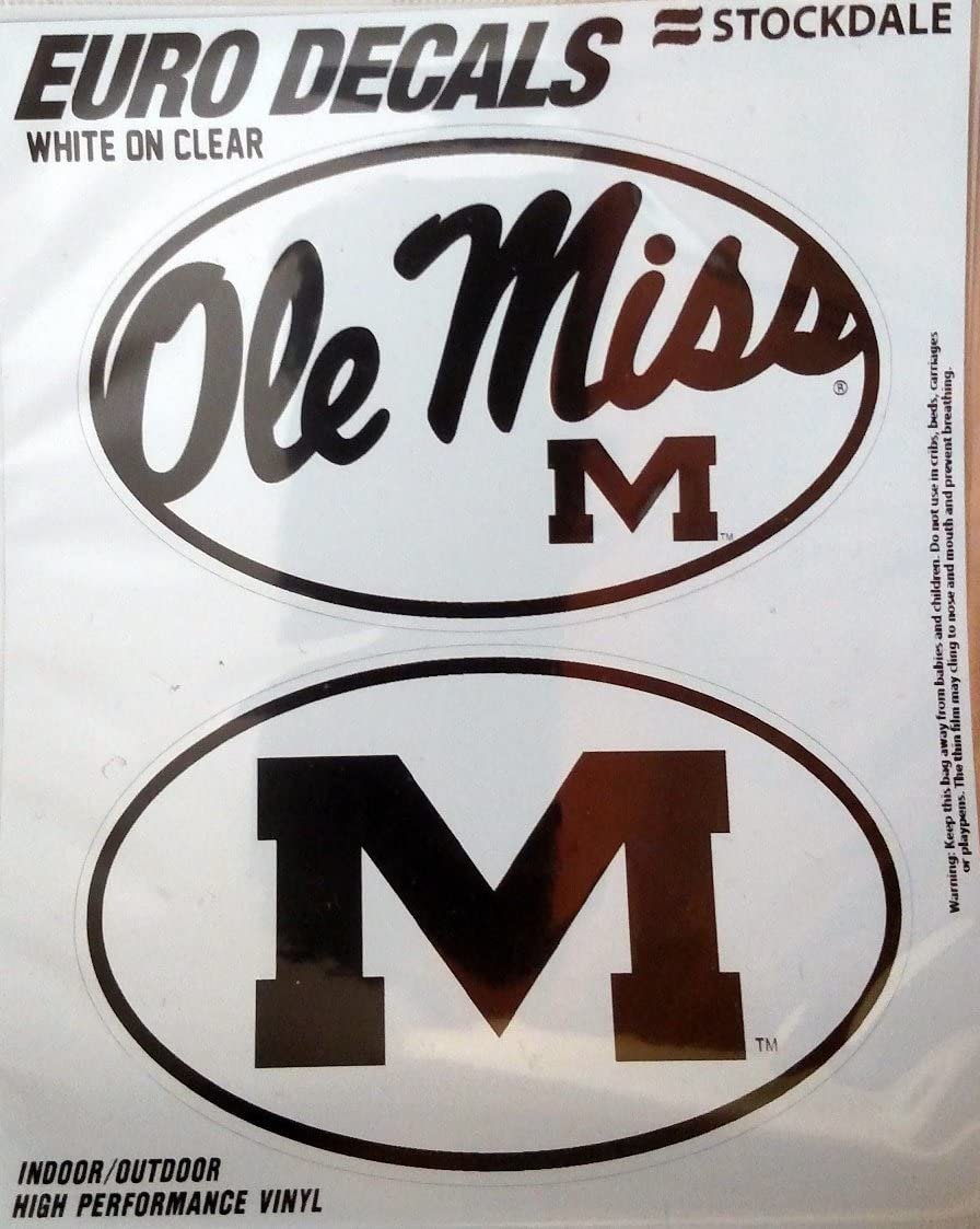 University of Mississippi Rebels Ole Miss 2-Piece White and Clear Euro Decal Sticker Set, 4x2.5 Inch Each by Fielders Choice