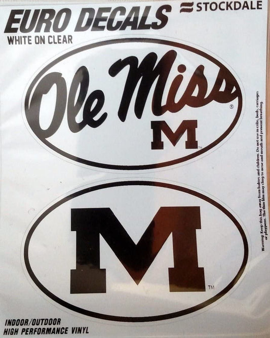 University of Mississippi Rebels Ole Miss 2-Piece White and Clear Euro Decal Sticker Set, 4x2.5 Inch Each by Fielders Choice
