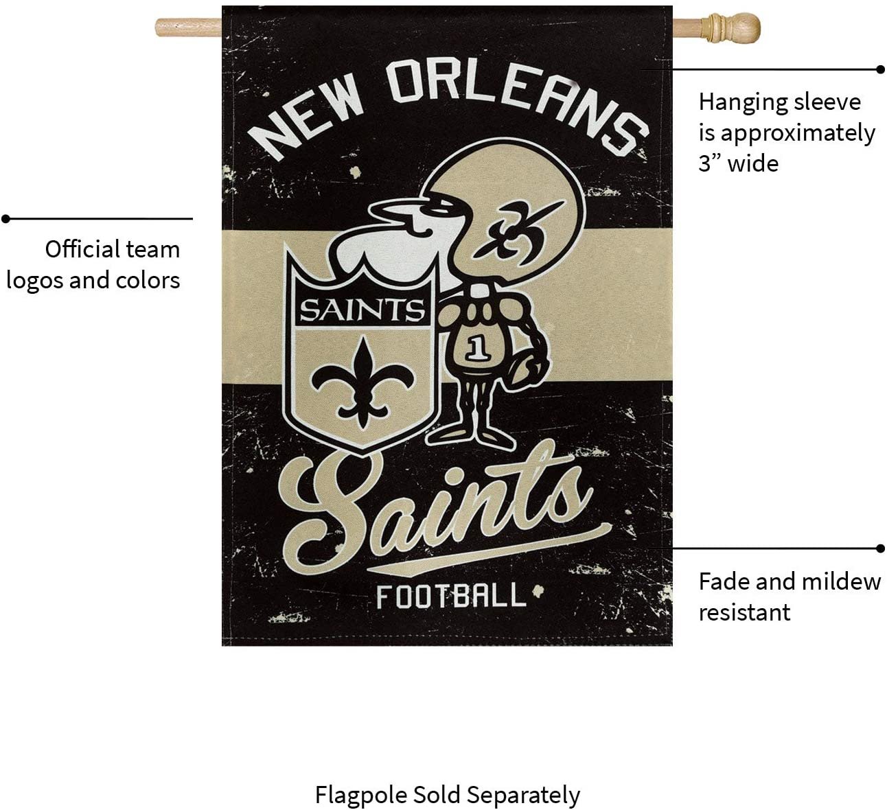 New Orleans Saints Premium House Flag Banner, Double Sided, Retro Vintage Style, Linen, 28x44 Inch by Fielders Choice
