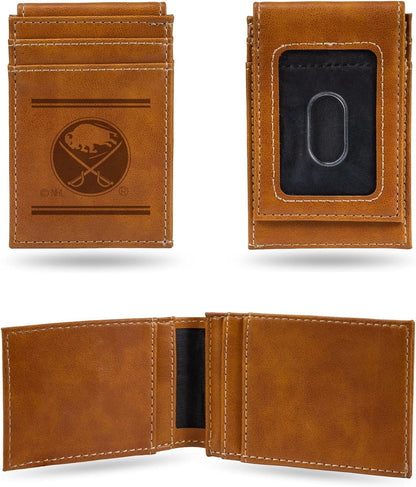 Rico Industries NHL Buffalo Sabres Premium Laser Engraved Vegan Brown Leather Front Pocket Wallet - Compact and Slim yet Sturdy Design - Perfect to Show Your Team Pride or Gift by Fielders Choice