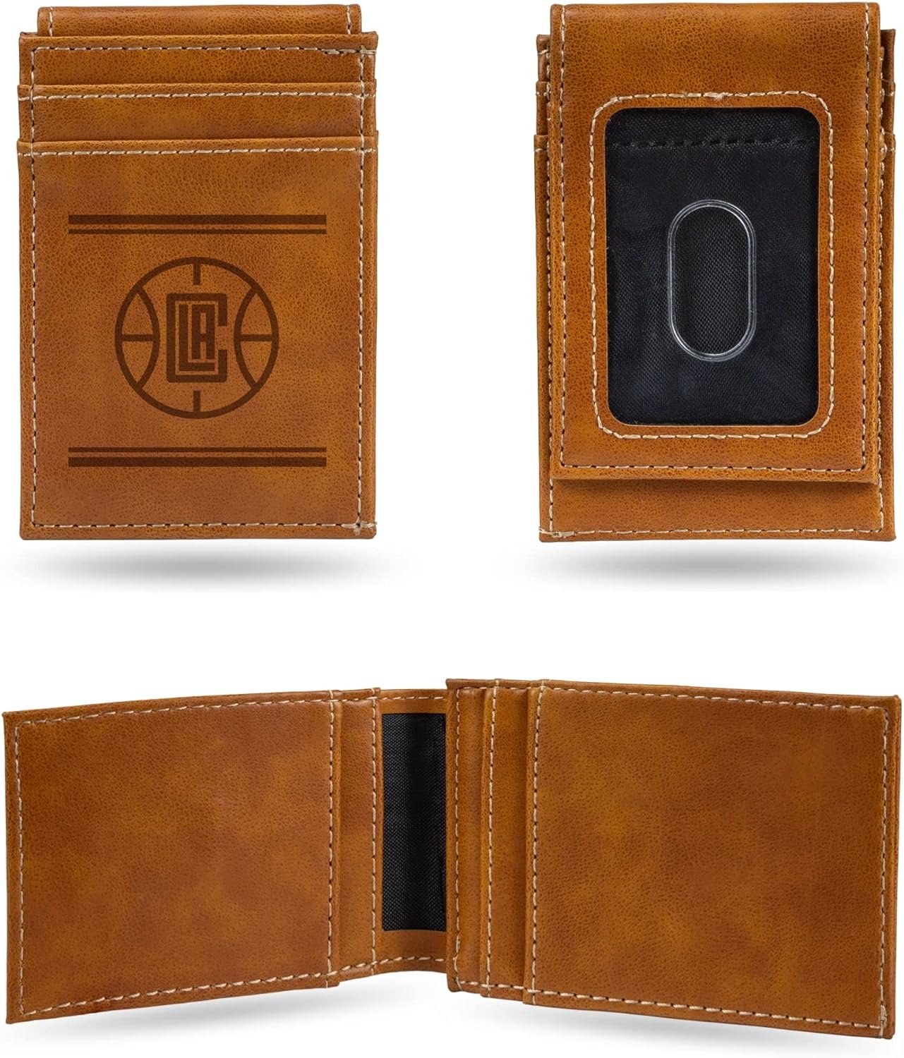 Rico Industries NBA LA Clippers Premium Laser Engraved Vegan Brown Leather Front Pocket Wallet - Compact and Slim yet Sturdy Design - Perfect to Show Your Team Pride or Gift by Fielders Choice