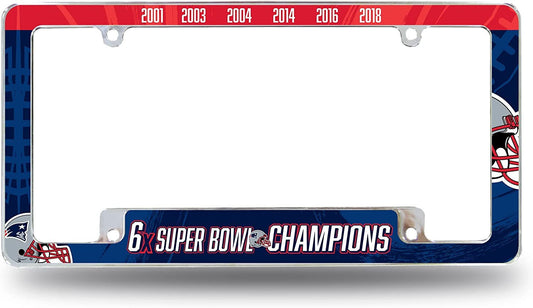 New England Patriots 6-Time 6X Champions Metal License Plate Frame Chrome Tag Cover 6x12 Inch by Fielders Choice