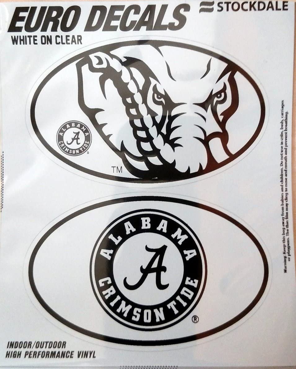 University of Alabama Crimson Tide 2-Piece White and Clear Euro Decal Sticker Set, 4x2.5 Inch Each by Fielders Choice