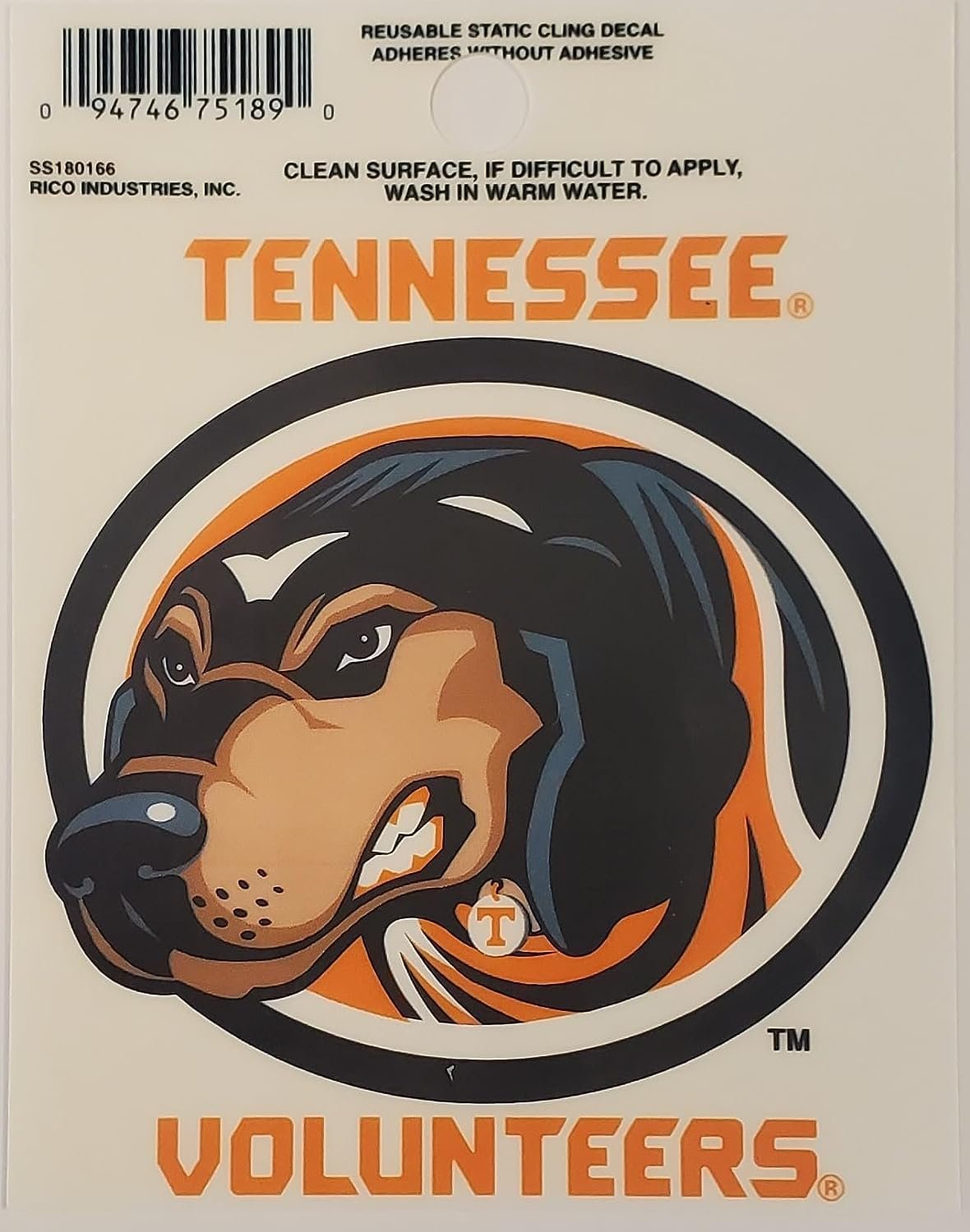 University of Tennessee Volunteers 3 Inch Static Cling Decal Sticker, Mascot Design by Fielders Choice