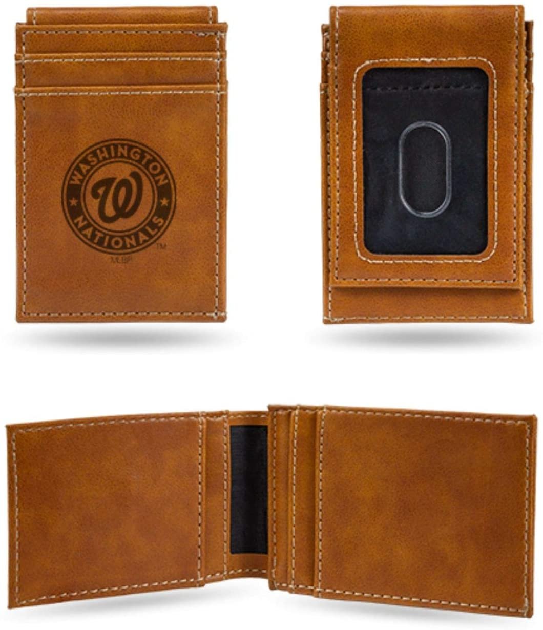 Washington Nationals Premium Brown Leather Wallet, Front Pocket Magnetic Money Clip, Laser Engraved by Fielders Choice