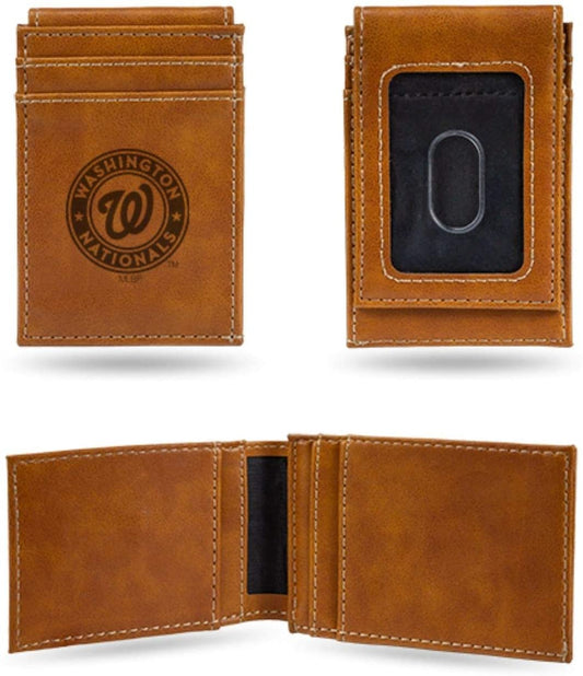 Washington Nationals Premium Brown Leather Wallet, Front Pocket Magnetic Money Clip, Laser Engraved by Fielders Choice