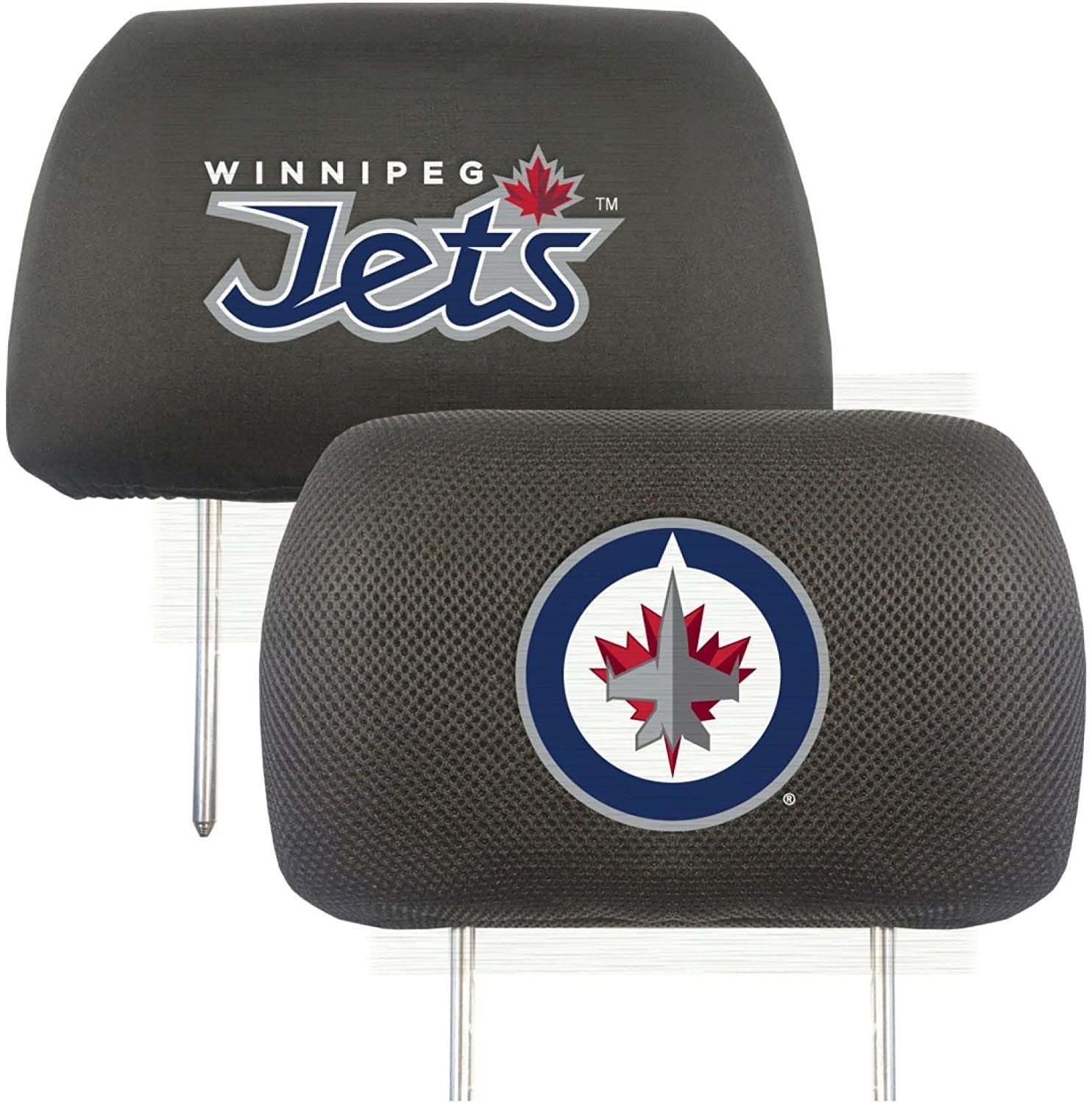 Winnipeg Jets Pair of Premium Auto Head Rest Covers, Embroidered, Black Elastic, 14x10 Inch by Fielders Choice
