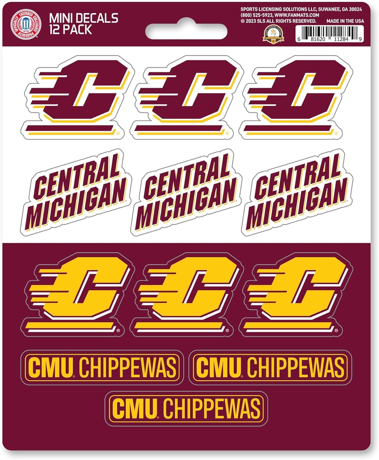 Central Michigan University Chippewas 12-Piece Mini Decal Sticker Set, 5x6 Inch Sheet, Gift for football fans for any hard surfaces around home, automotive, personal items by Fielders Choice