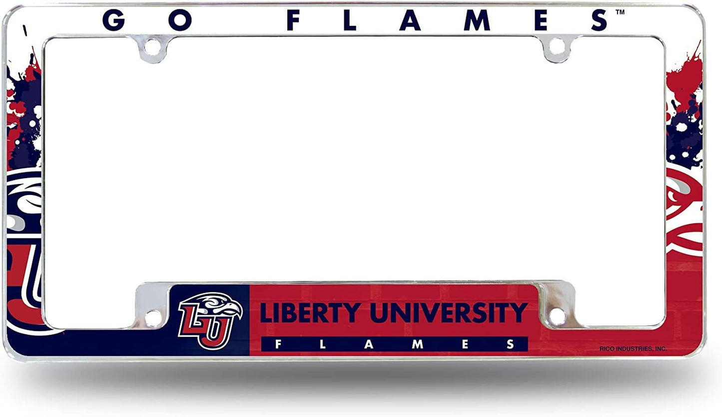 Liberty University Flames Metal License Plate Frame Chrome Tag Cover All Over Design 6x12 Inch by Fielders Choice