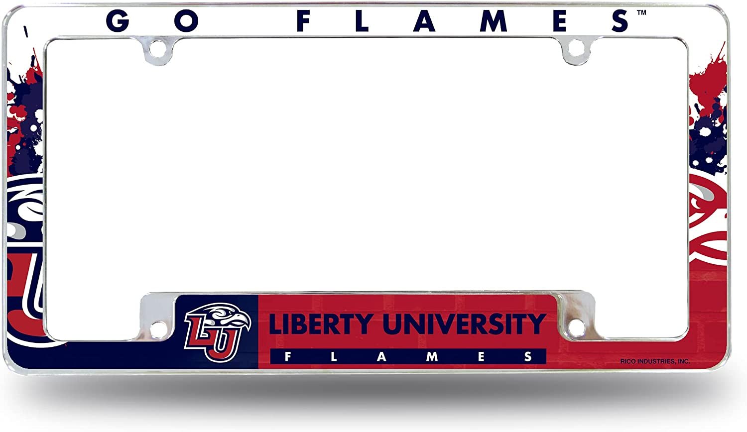 Liberty University Flames Metal License Plate Frame Chrome Tag Cover All Over Design 6x12 Inch by Fielders Choice