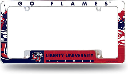 Liberty University Flames Metal License Plate Frame Chrome Tag Cover All Over Design 6x12 Inch by Fielders Choice