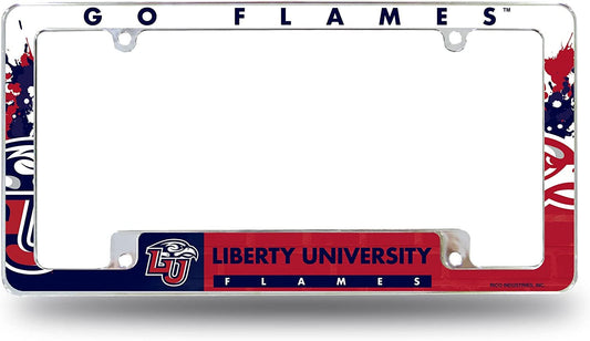 Liberty University Flames Metal License Plate Frame Chrome Tag Cover All Over Design 6x12 Inch by Fielders Choice