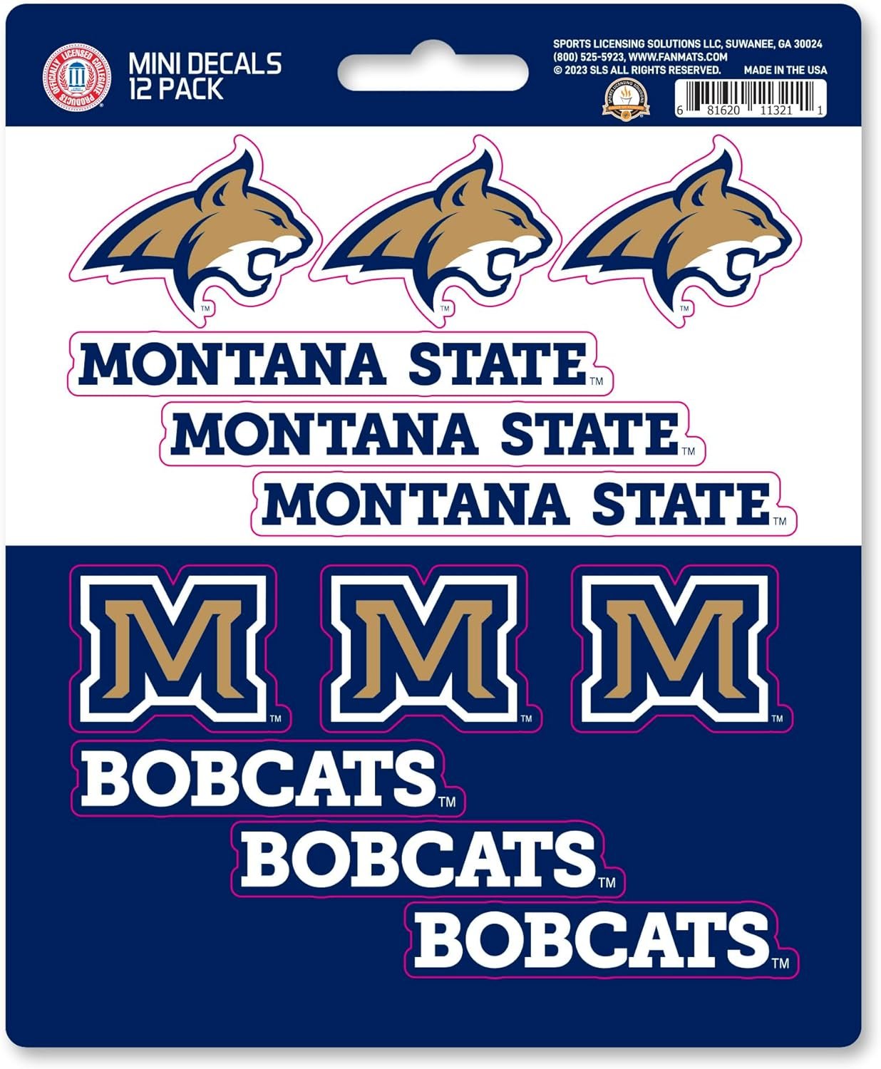 Montana State University Bobcats 12-Piece Mini Decal Sticker Set, 5x6 Inch Sheet, Gift for football fans for any hard surfaces around home, automotive, personal items by Fielders Choice