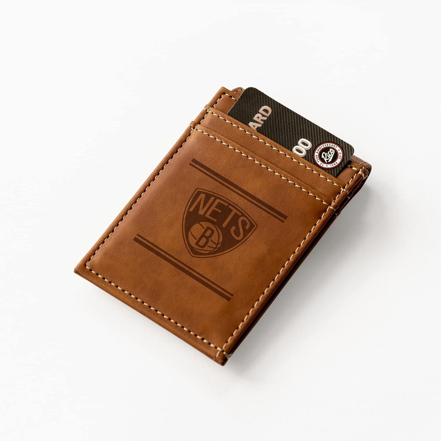 Rico Industries NBA Brooklyn Nets Premium Laser Engraved Vegan Brown Leather Front Pocket Wallet - Compact and Slim yet Sturdy Design - Perfect to Show Your Team Pride or Gift by Fielders Choice