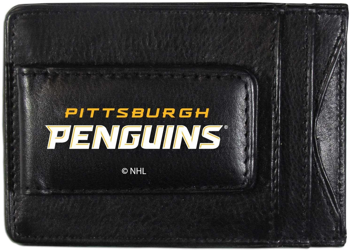 Pittsburgh Penguins Black Leather Wallet, Front Pocket Magnetic Money Clip, Printed Logo by Fielders Choice