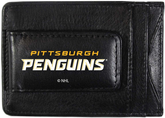 Pittsburgh Penguins Black Leather Wallet, Front Pocket Magnetic Money Clip, Printed Logo by Fielders Choice