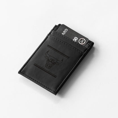 Chicago Bulls Premium Black Leather Wallet, Front Pocket Magnetic Money Clip, Laser Engraved, Vegan by Fielders Choice