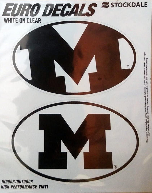 University of Michigan Wolverines 2-Piece White and Clear Euro Decal Sticker Set, 4x2.5 Inch Each by Fielders Choice