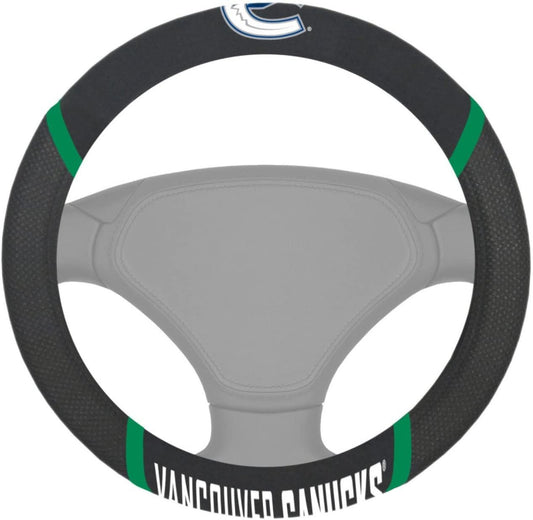 Vancouver Canucks Steering Wheel Cover Premium Embroidered Black 15 Inch by Fielders Choice