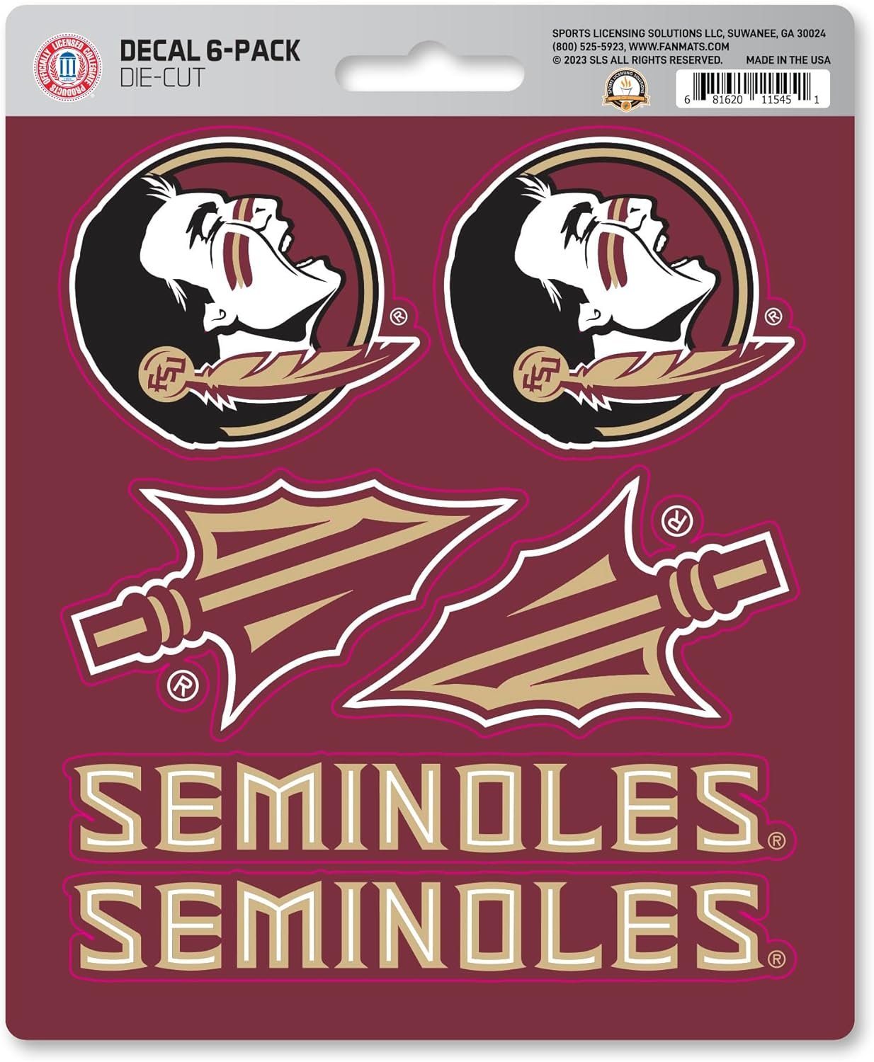 Florida State University Seminoles 6-Piece Decal Sticker Set, 5x6 Inch Sheet, Gift for football fans for any hard surfaces around home, automotive, personal items by Fielders Choice