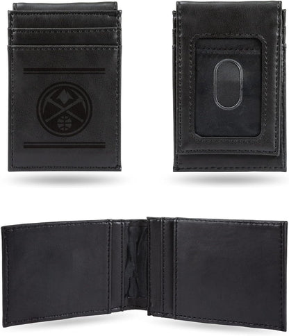 Denver Nuggets Premium Black Leather Wallet, Front Pocket Magnetic Money Clip, Laser Engraved, Vegan by Fielders Choice