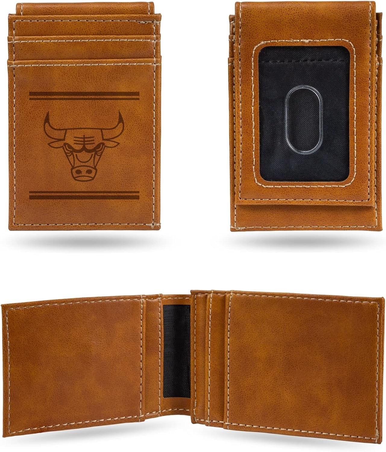 Rico Industries NBA Chicago Bulls Premium Laser Engraved Vegan Brown Leather Front Pocket Wallet - Compact and Slim yet Sturdy Design - Perfect to Show Your Team Pride or Gift by Fielders Choice