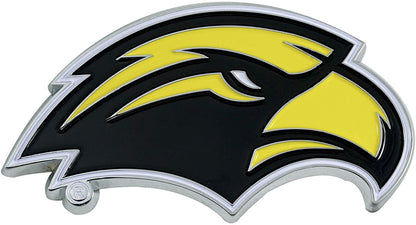 University of Southern Mississippi Eagles Premium Solid Metal Raised Auto Emblem, Team Color, Shape Cut, Adhesive Backing by Fielders Choice