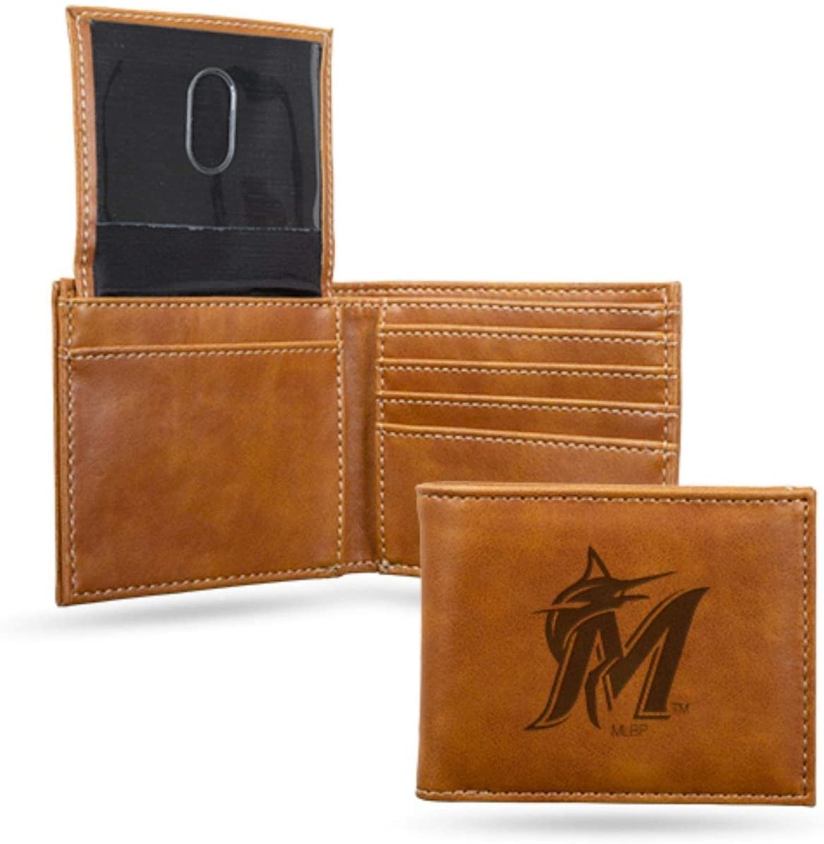 Miami Marlins Premium Brown Leather Wallet, Bifold Billfold, Embossed Laser Engraved by Fielders Choice