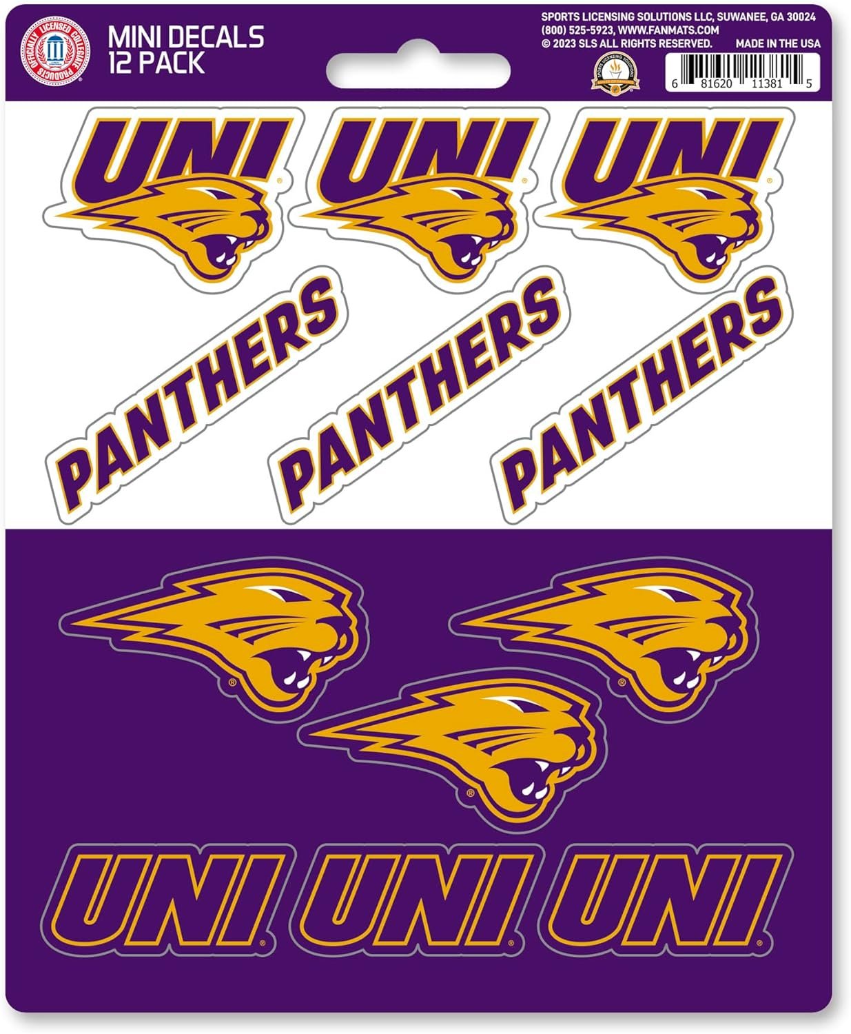 University of Northern Iowa Panthers 12-Piece Mini Decal Sticker Set, 5x6 Inch Sheet, Gift for football fans for any hard surfaces around home, automotive, personal items by Fielders Choice