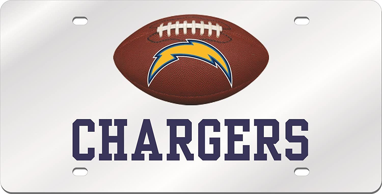 Los Angeles Chargers Premium Laser Tag License Plate, Mirrored Acrylic, Football Cut Out Design, 6x12 Inch by Fielders Choice