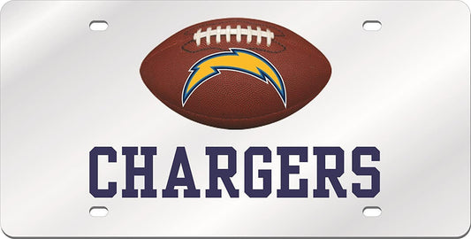 Los Angeles Chargers Premium Laser Tag License Plate, Mirrored Acrylic, Football Cut Out Design, 6x12 Inch by Fielders Choice
