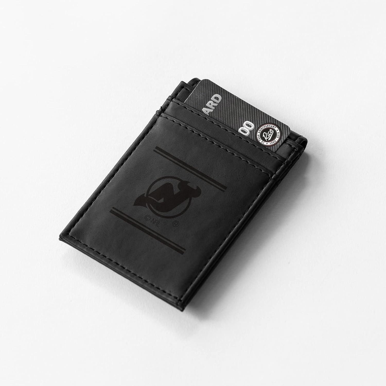 New Jersey Devils Premium Black Leather Wallet, Front Pocket Magnetic Money Clip, Laser Engraved, Vegan by Fielders Choice