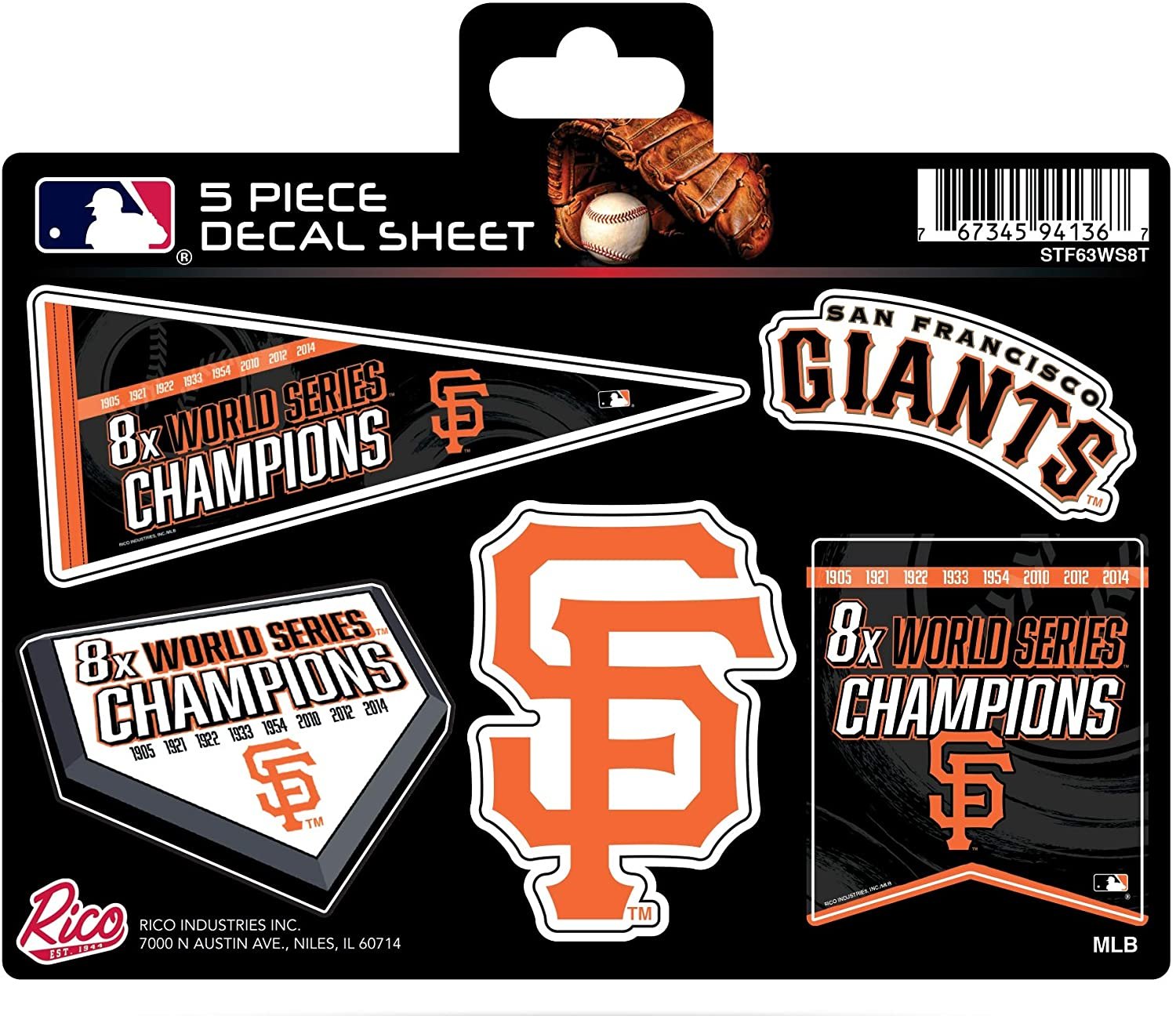 San Francisco Giants Decal Sticker Sheet, 8-Time Champions, 5-Piece Multi Sheet Flat Vinyl Emblem World Series Baseball by Fielders Choice