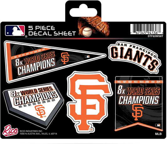 San Francisco Giants Decal Sticker Sheet, 8-Time Champions, 5-Piece Multi Sheet Flat Vinyl Emblem World Series Baseball by Fielders Choice