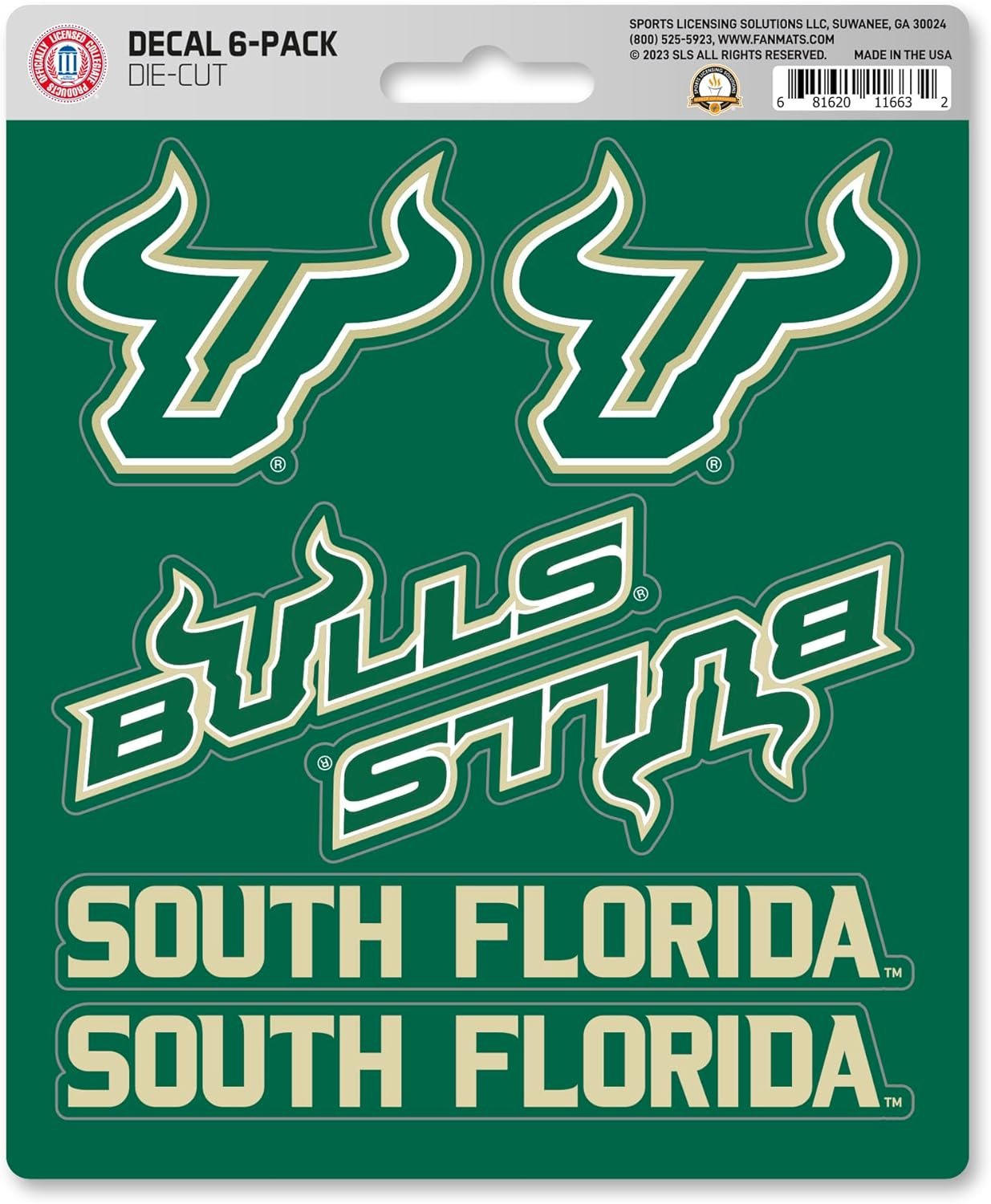 University of South Florida USF Bulls 6-Piece Decal Sticker Set, 5x6 Inch Sheet, Gift for football fans for any hard surfaces around home, automotive, personal items by Fielders Choice
