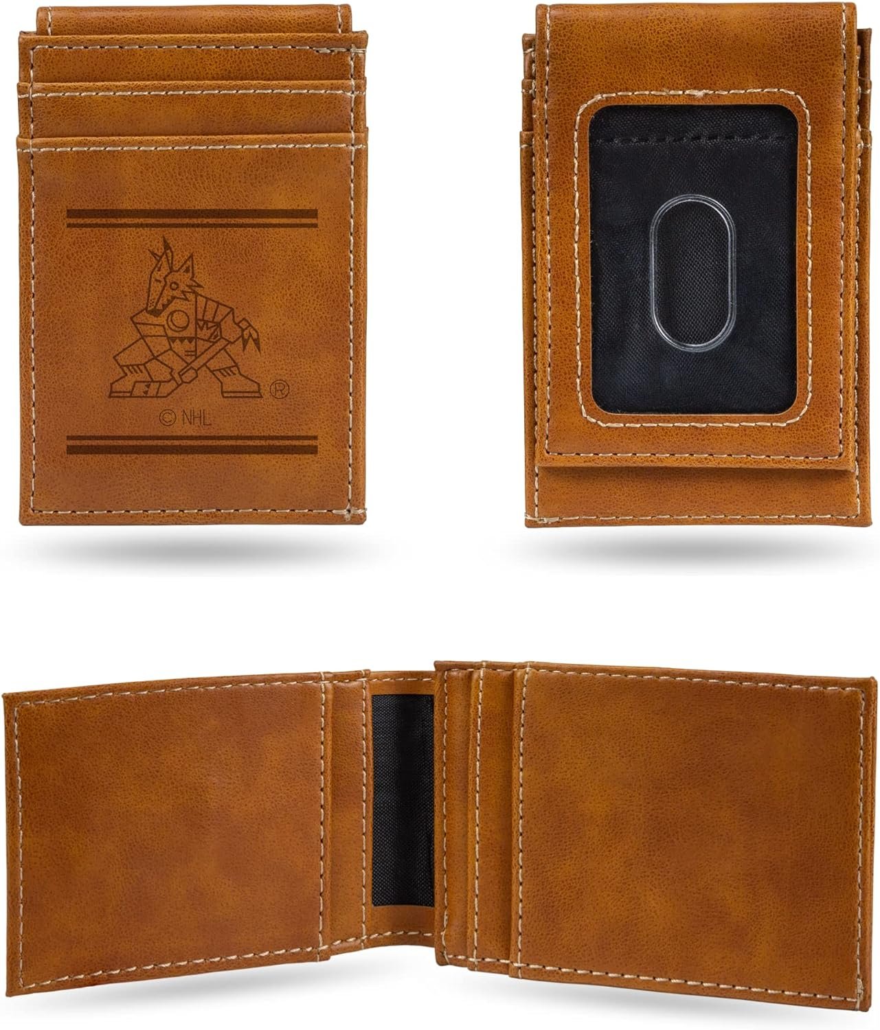 Rico Industries NHL Arizona Coyotes Premium Laser Engraved Vegan Brown Leather Front Pocket Wallet - Compact and Slim yet Sturdy Design - Perfect to Show Your Team Pride or Gift by Fielders Choice