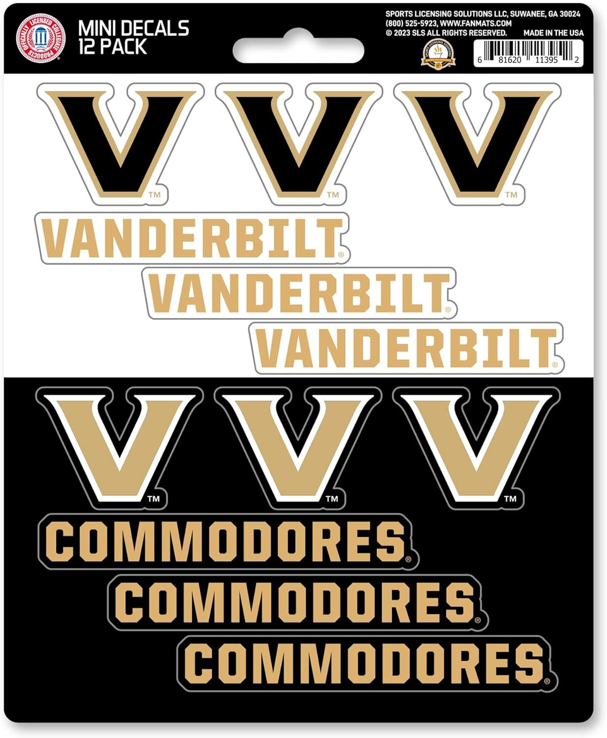 Vanderbilt University Commodores 12-Piece Mini Decal Sticker Set, 5x6 Inch Sheet, Gift for football fans for any hard surfaces around home, automotive, personal items by Fielders Choice